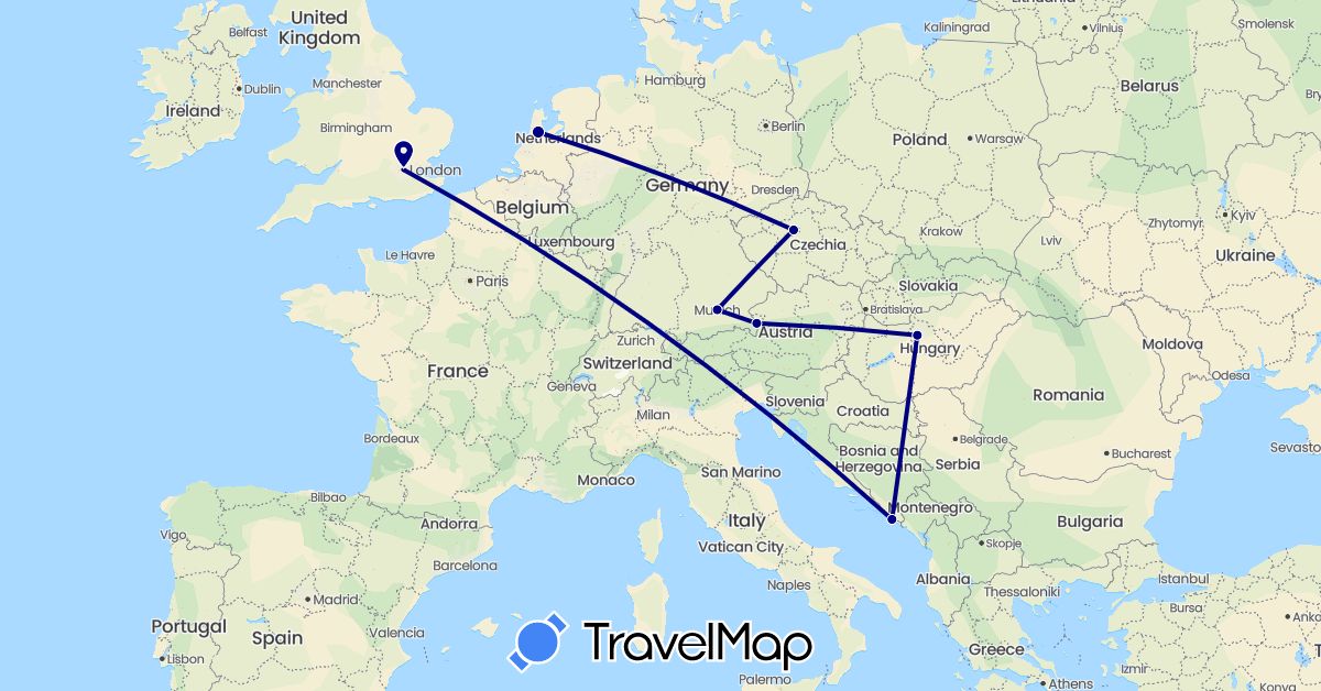 TravelMap itinerary: driving in Austria, Czech Republic, Germany, United Kingdom, Croatia, Hungary, Netherlands (Europe)